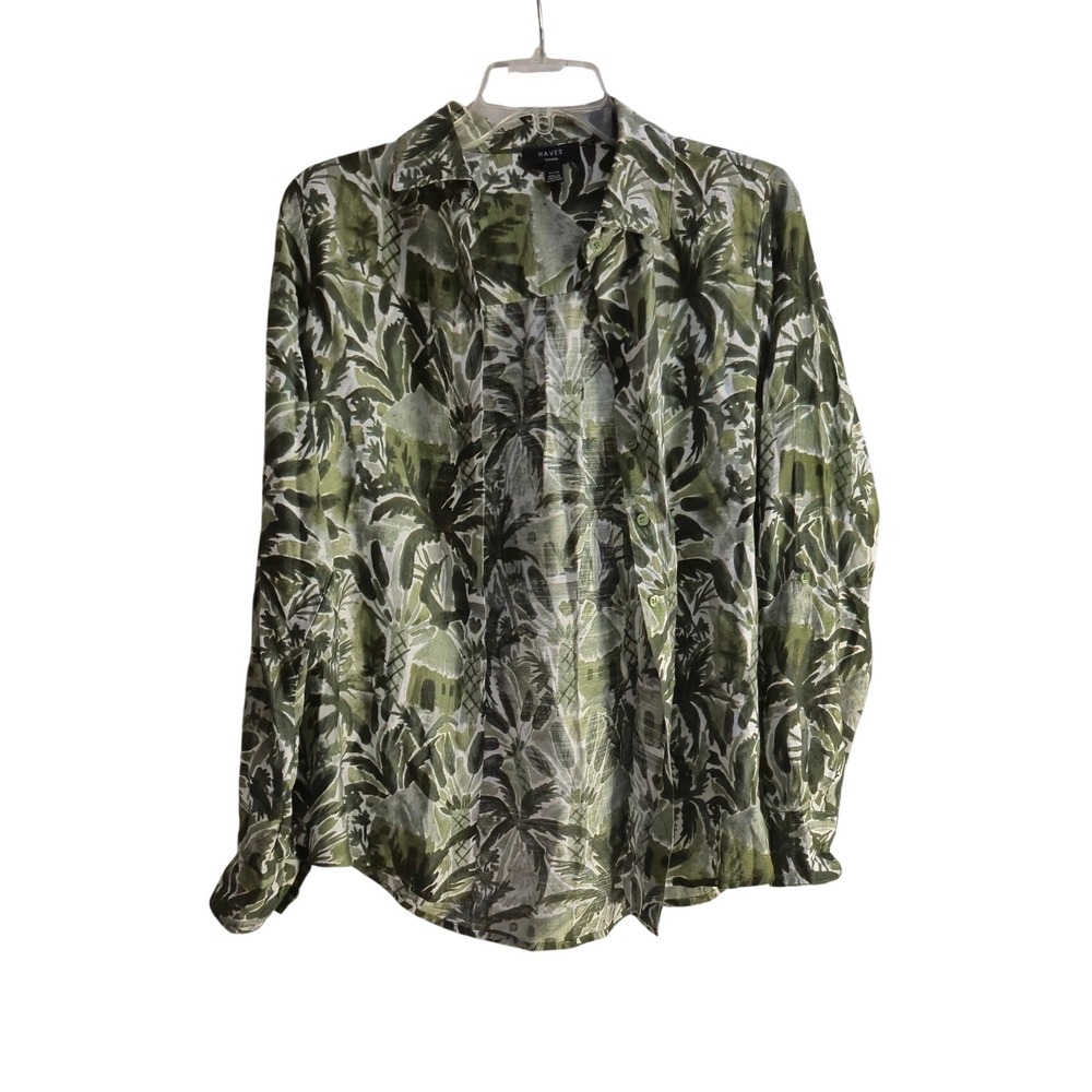 HAVER London Button Down Shirt XS Women Green Tropical Palm Leaf Casual Vacation